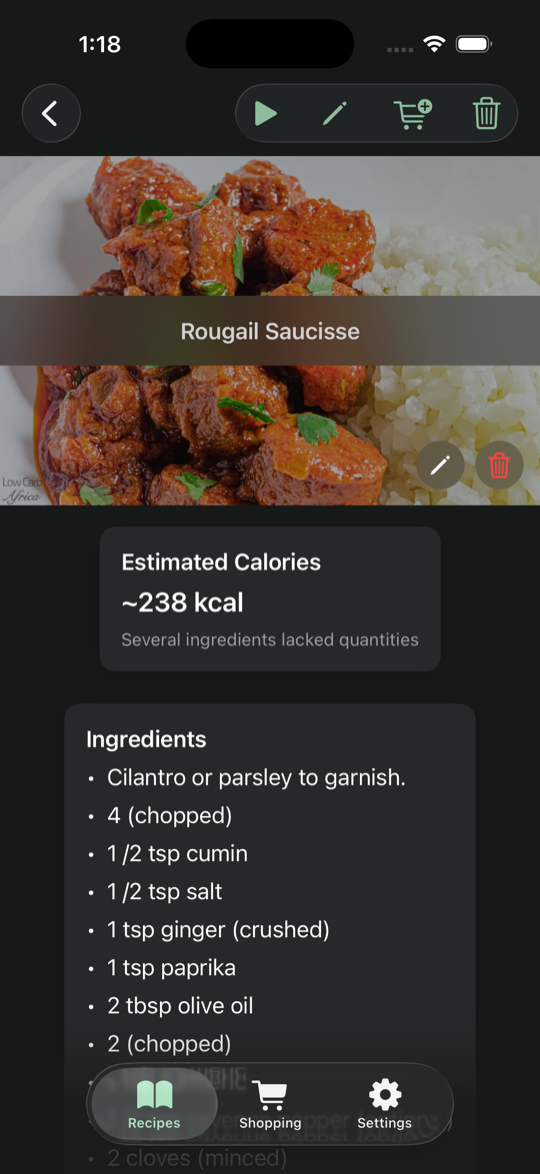 Fennel recipe detail screen with nutrition and ingredients