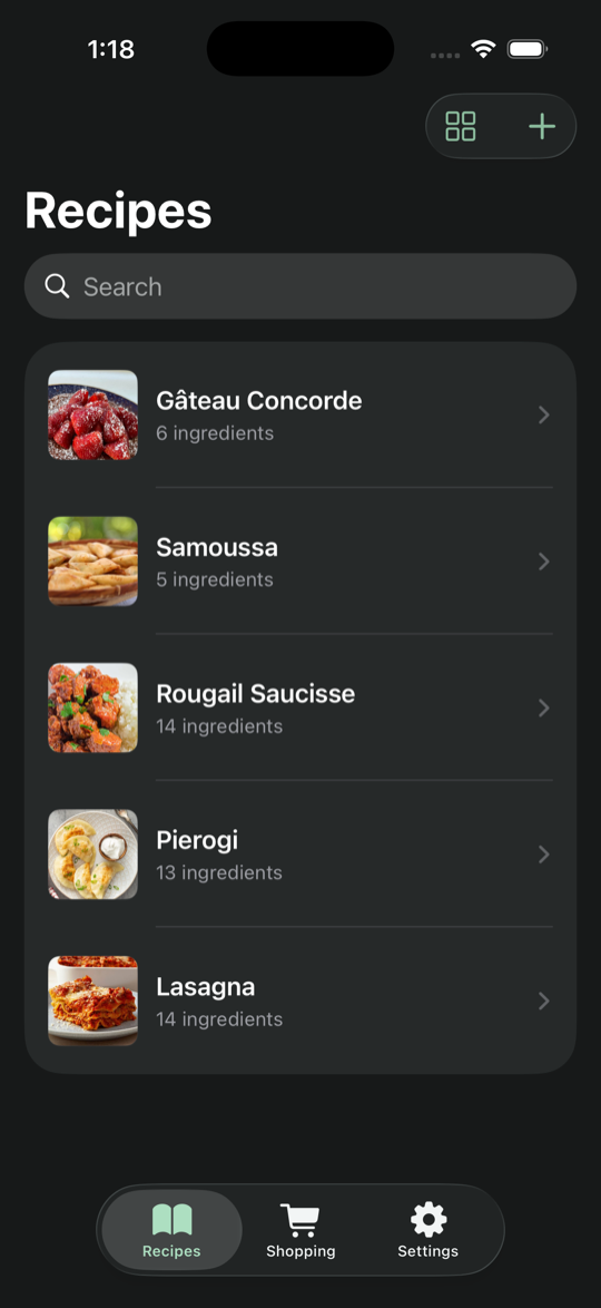 Fennel recipe list screen