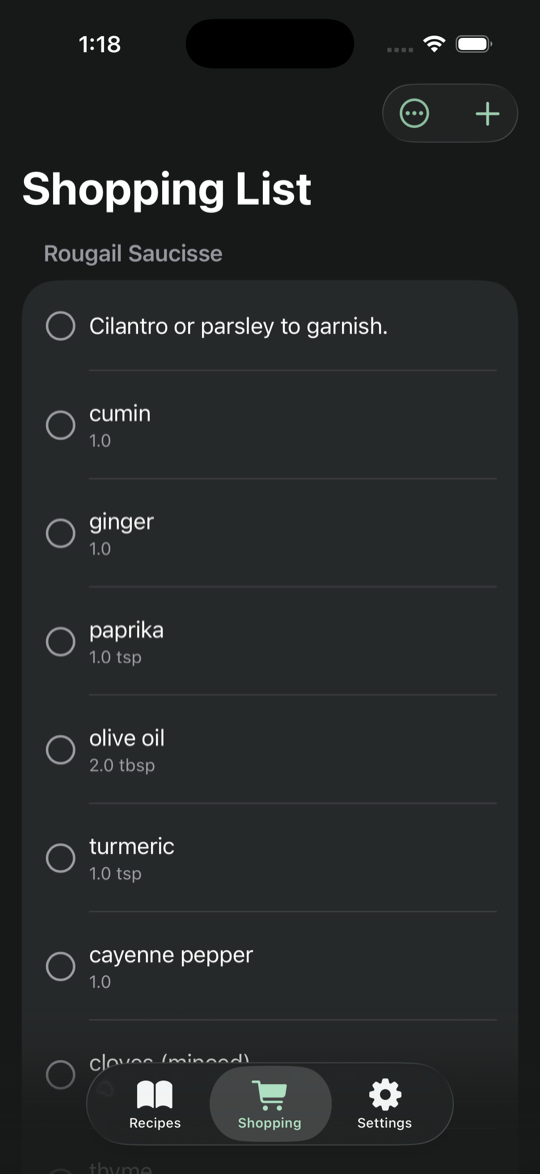 Fennel shopping list screen